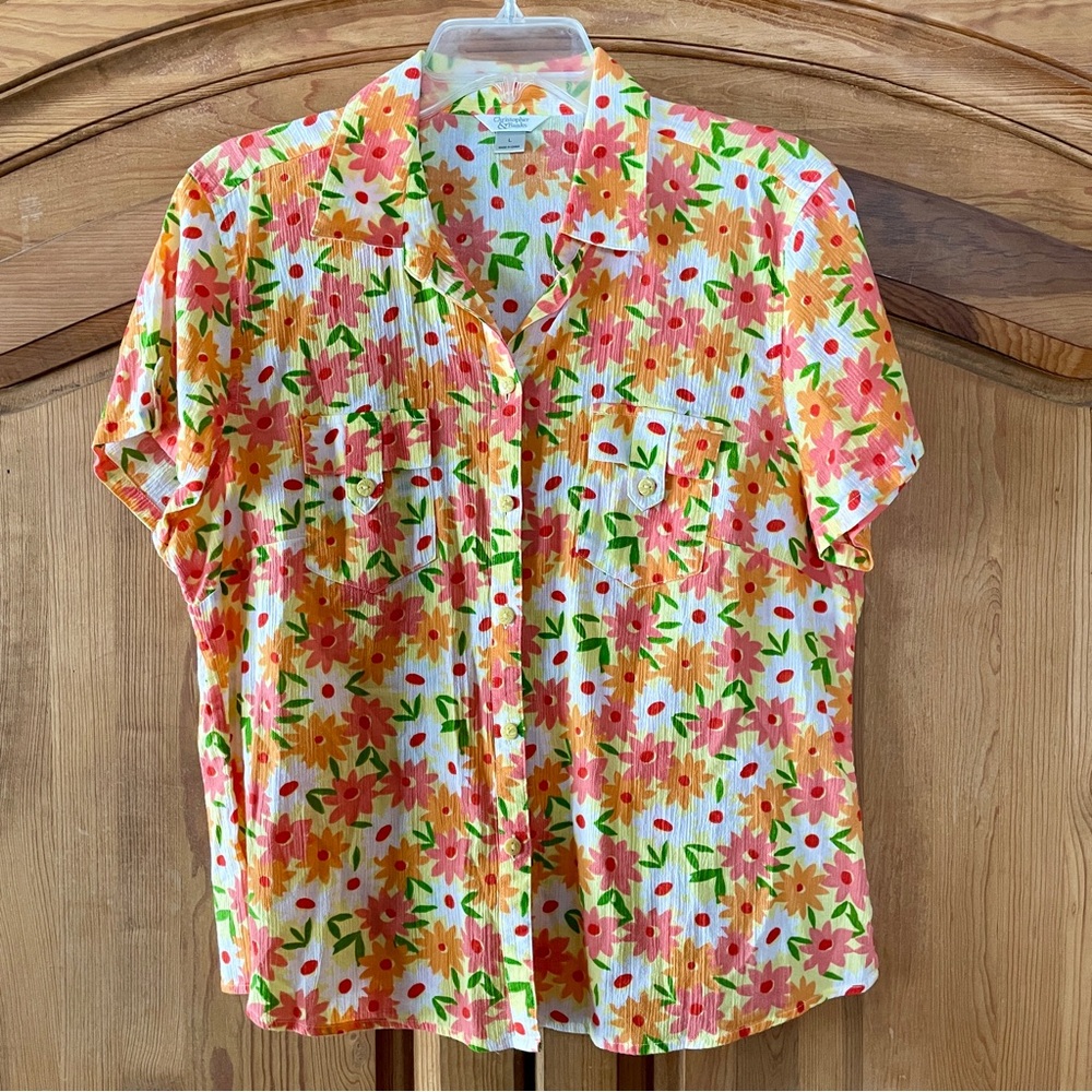 Christopher & Banks Women’s Short Sleeve Blouse Shirt Orange Flowers 60's Vibe